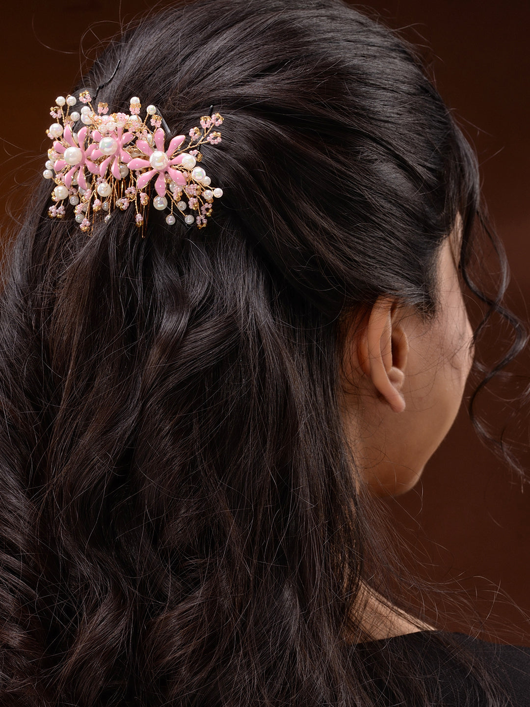 Gold toned Pink Enamelled Flower Tiara Comb Pin, zaveri pearls, sale price rs, sale price, sale gold plated, sale gold, sale, rubans, ring, regular price, priyassi jewellery, kushal's - Saraf